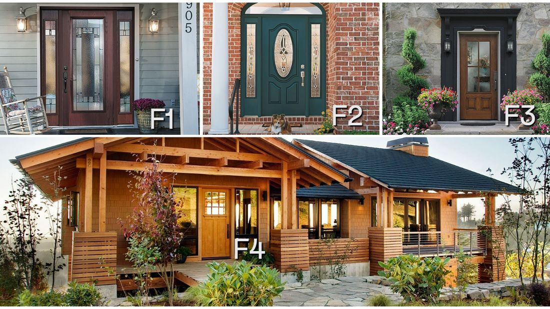 Four fiberglass entry door styles labelled F1 to F4, shown installed on different homes